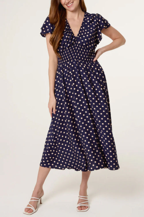 V Front Polka Dot Shirred Dress
