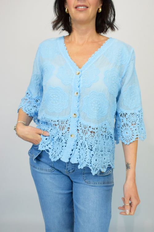 Embroidered Crochet Hem Button Shrug