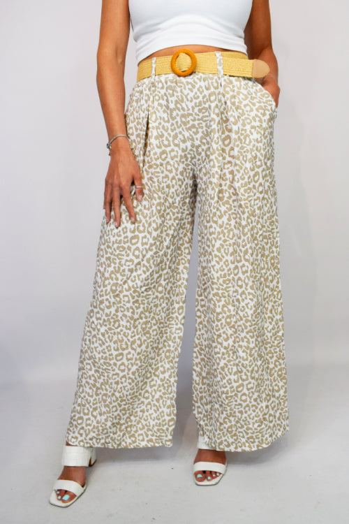 Wide Leg Leopard Print Belted Trousers