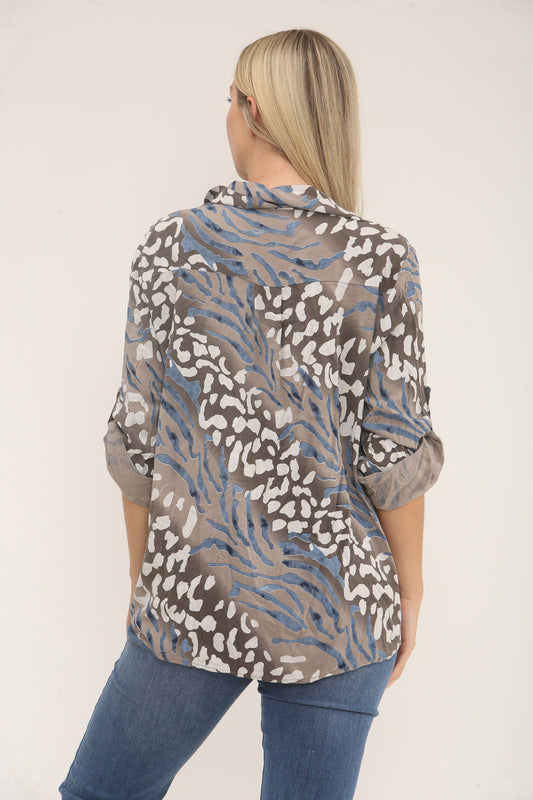 ANIMAL PRINT BUTTON-UP BLOUSE TAUPE