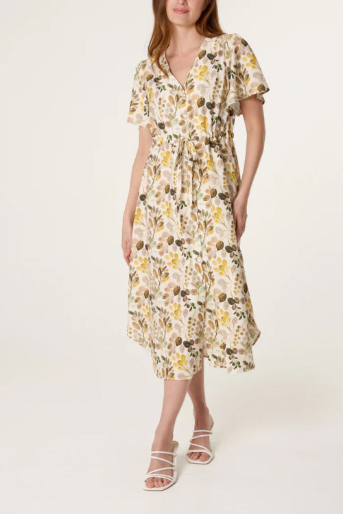 Water Colour Leaf Button Midi Dress