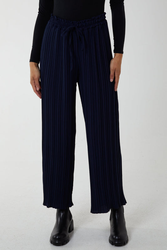 Plisse Pleated Wide Leg Trouser Navy