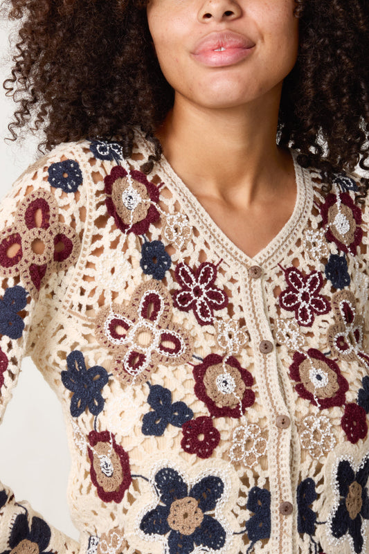 Beaded Floral Crochet V Cardigan