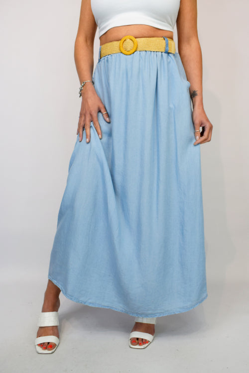 Belted Denim Chambray Skirt