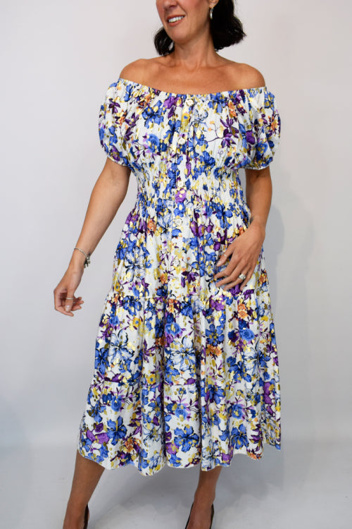 Gold Foil Floral Button Front Midi Dress
