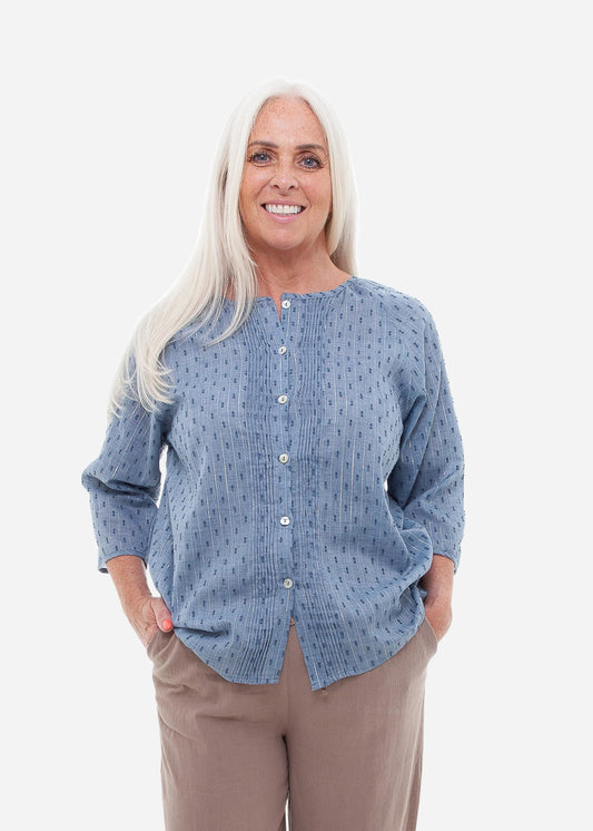 Lurex Stripe Pintuck Button Through Blouse Denim