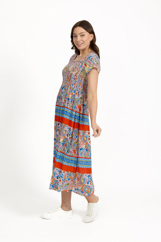 Mudflower Paisley Border Print Shirred Bodice Midi Dress. Orange