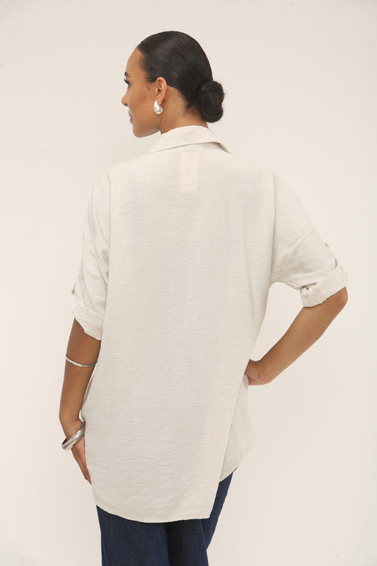 DIAMANTE LEOPARD SHOULDER BUTTON-UP BLOUSE - BEIGE