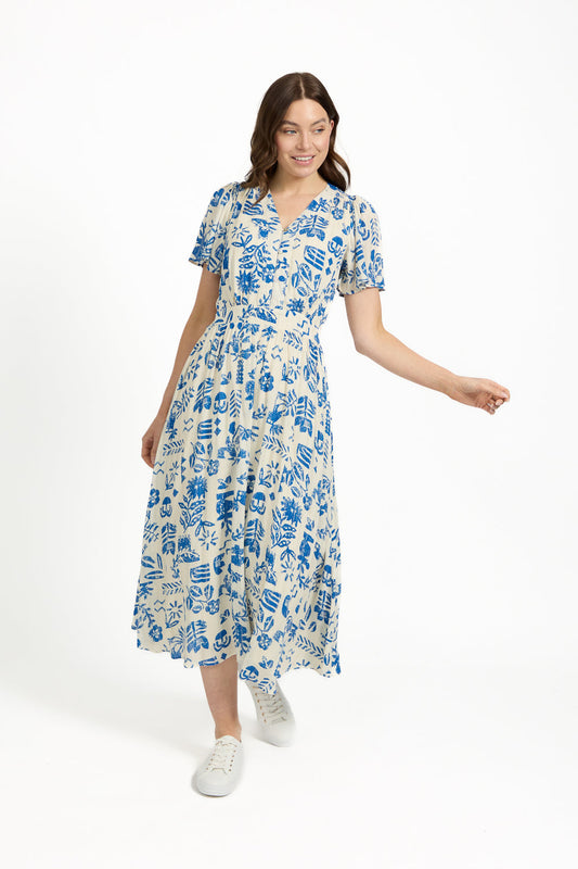Mudflower
Leaf Print Button-Up V-Neck Lurex Dress. Ivory