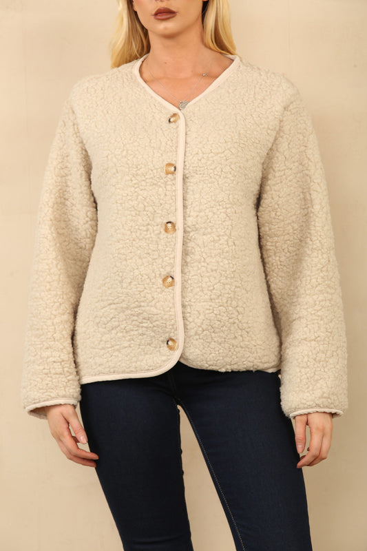 TEDDY BEAR SOFT BUTTON THROUGH JACKET STONE