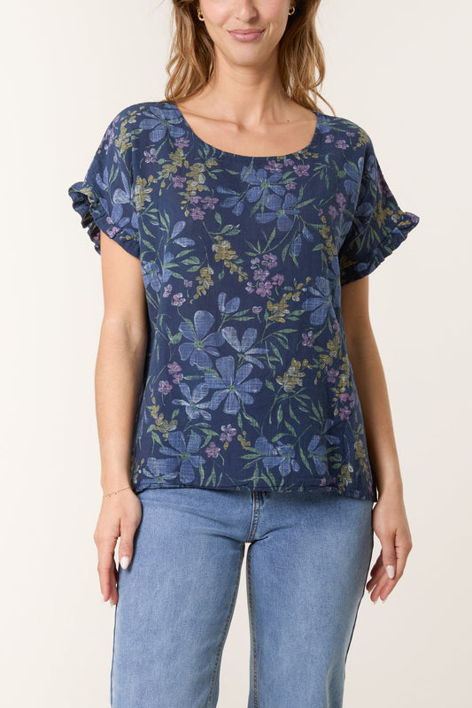 Multi Floral Frill Sleeve navy