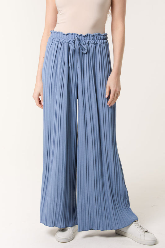 Plisse Pleated Wide Leg Trouser Denim Blue