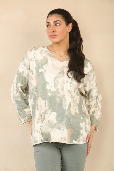 Abstract Gold Fleck Fine Knit Top Khaki