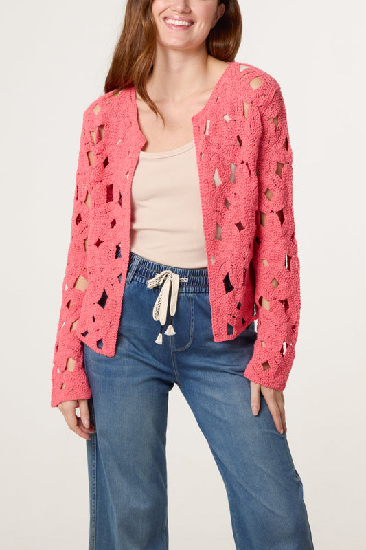 Cut Out Crochet Cardigan Coral
