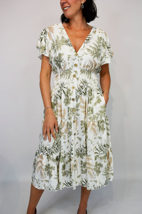 Sketch Leaf Print Button Midi Dress