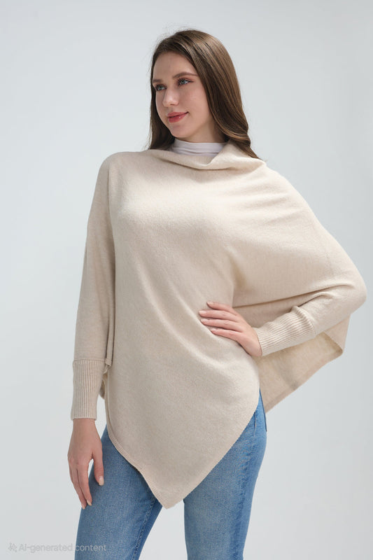 Cuffed Diagonal Drape Wool Poncho