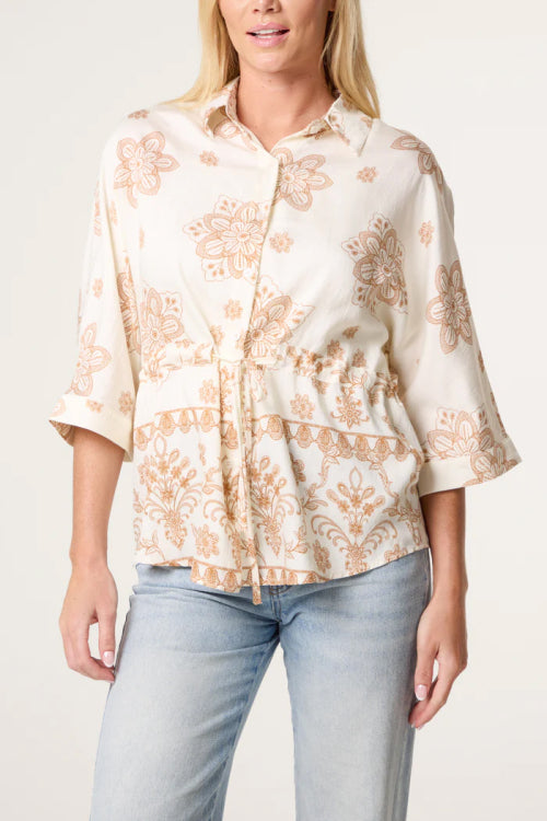 Floral Border Print Cinch Tie Shirt