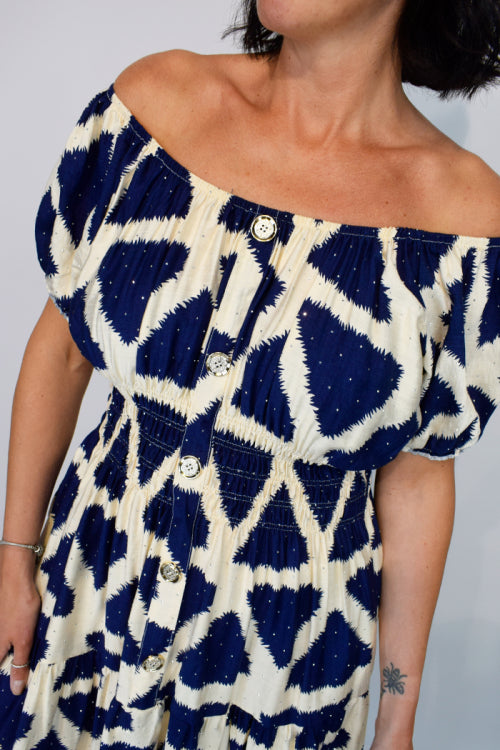 Rhinestone Embellished Aztec Button Midi Dress