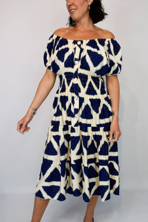 Rhinestone Embellished Aztec Button Midi Dress
