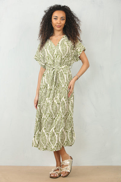 Leaf Print Shirt Dress Olive
