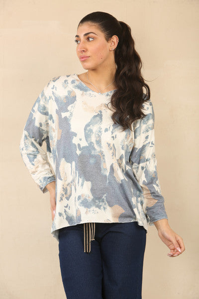Abstract Gold Fleck Fine Knit Top Blue