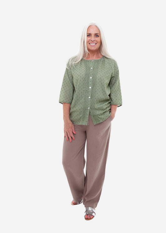 Lurex Stripe Pintuck Button Through Blouse Green