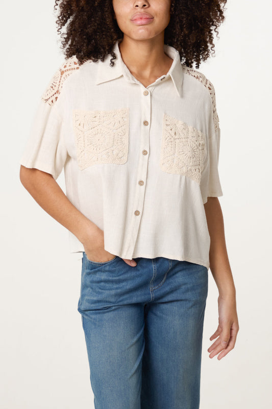 Crochet & Linen Loose Fit Shirt Beige