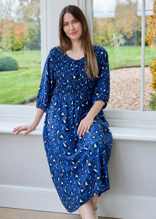 Leopard Smudge Shirred Tie Front Midi Dress Blue