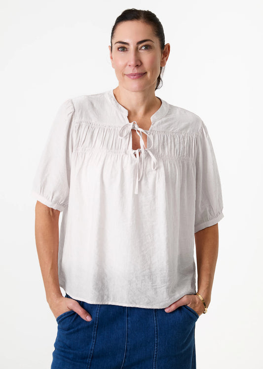Textured Stripe Shirred Neck Button Through Blouse