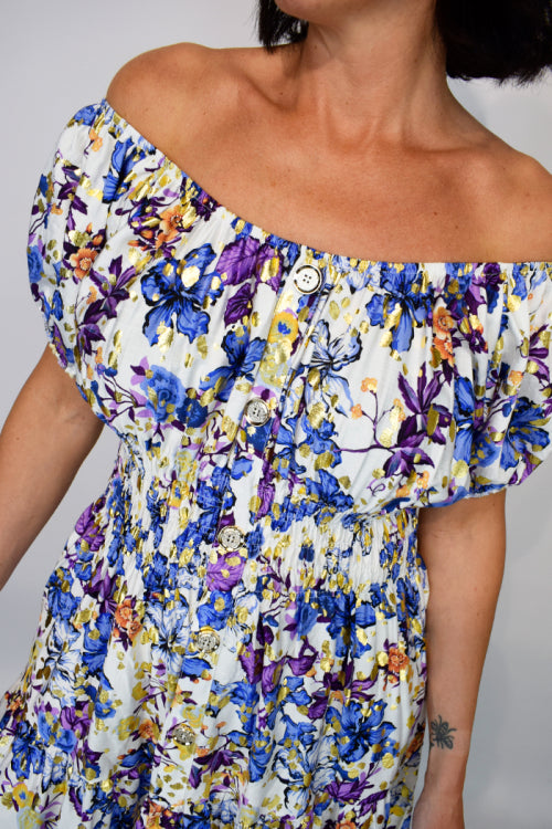 Gold Foil Floral Button Front Midi Dress