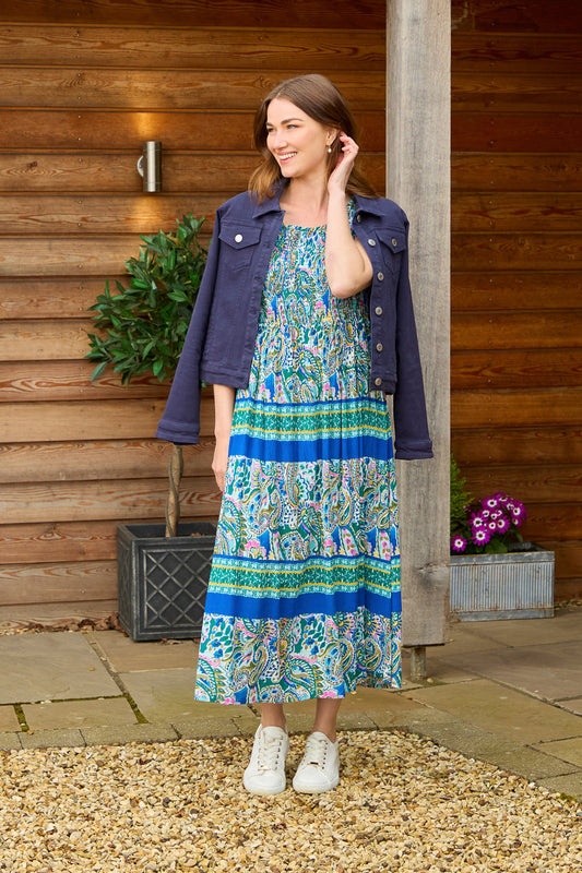 Mudflower Paisley Border Print Shirred Bodice Midi Dress. Green