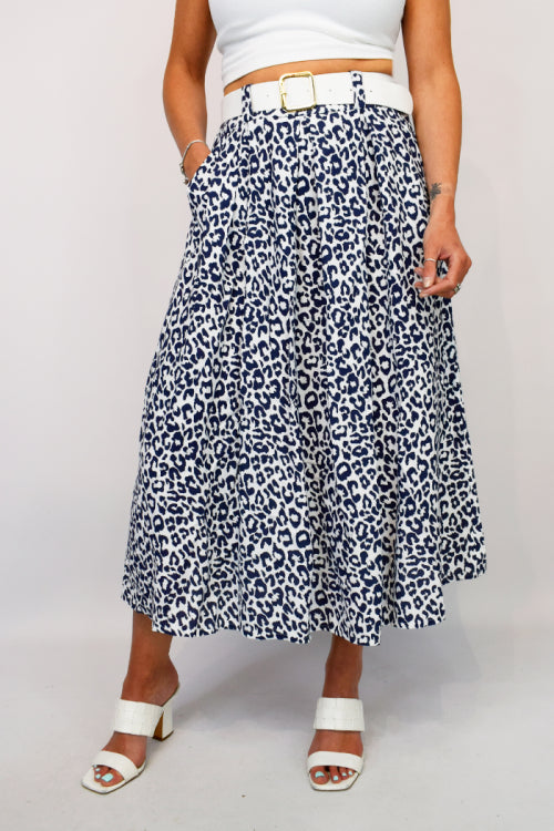 Leopard Print Belted Midi Skirt