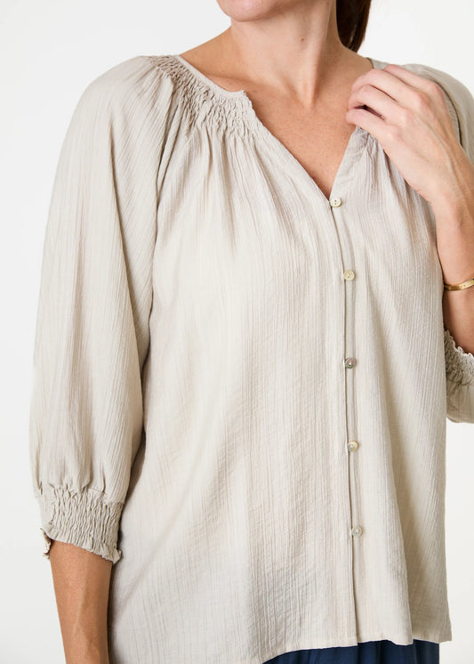 Textured Stripe Shirred Neck Button Through Blouse