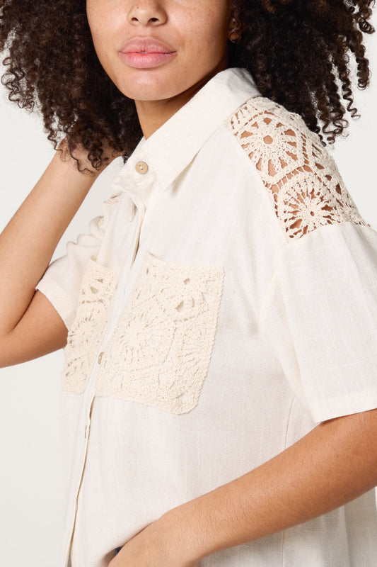 Crochet & Linen Loose Fit Shirt Beige